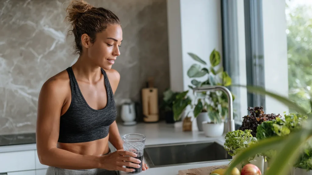 Femme en tenue de sport préparant sa boisson pré-entraînement dans une cuisine lumineuse - plan horizontal, ambiance lifestyle