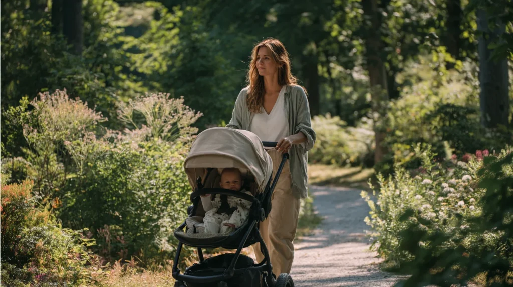 Femme se promenant dans un parc avec un landeau et son bébé
