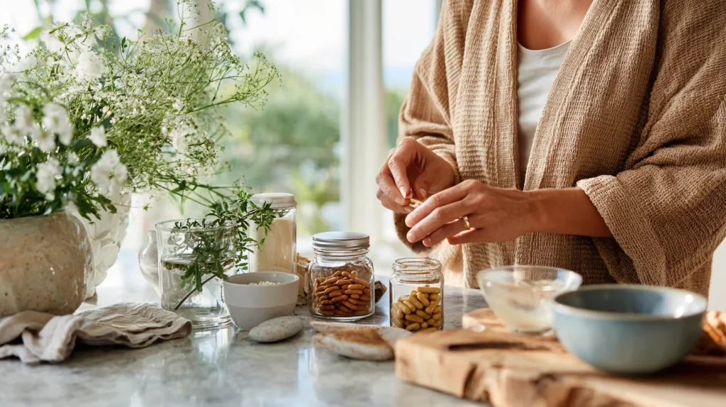 une femme qui prépare ses suppléments ou sa routine matinale, ambiance épurée et organisée