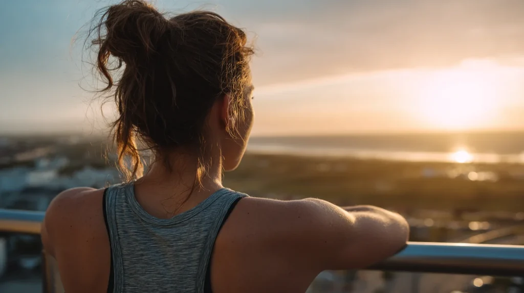 Femme contemplant la vue sur son balcon