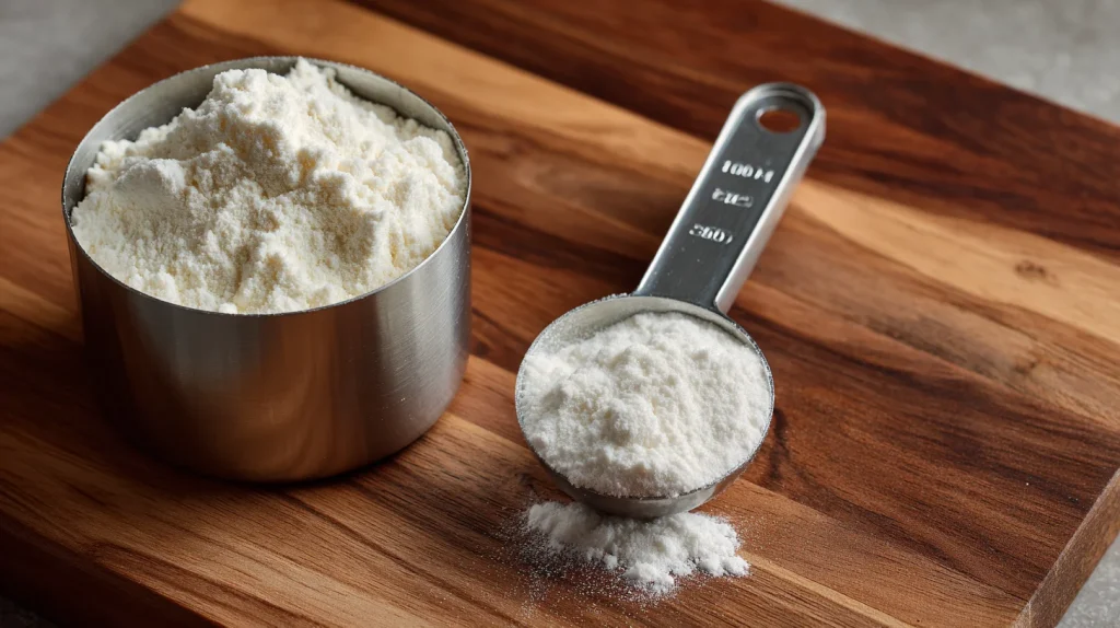 Une poudre blanche de créatine monohydrate dans une cuillère doseuse posée sur un plan de travail en bois