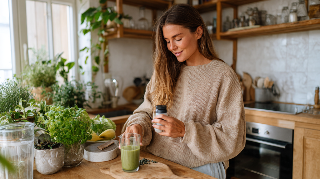 Une femme qui prépare son shake ou ses gélules dans une cuisine lumineuse