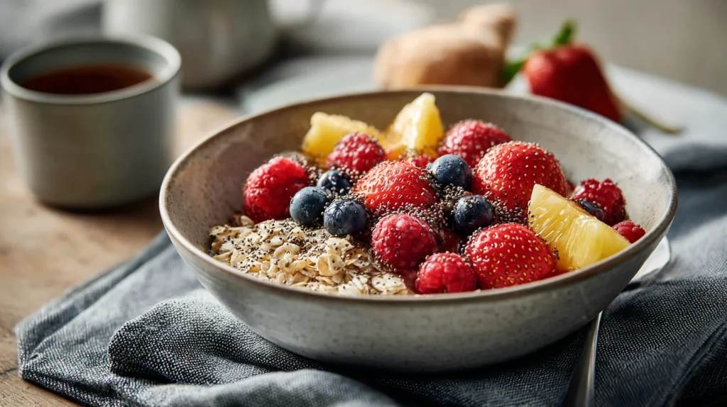 Bol de porridge avec des fruits et graines de chia 