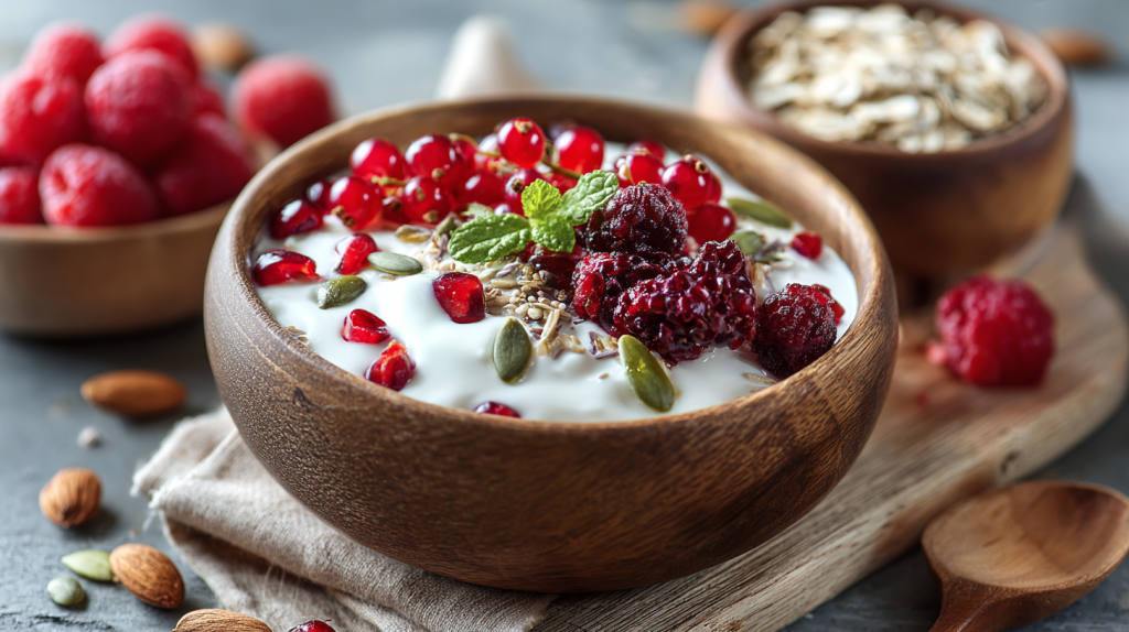 bol de petit-déjeuner avec fruits rouges, graines et yaourt