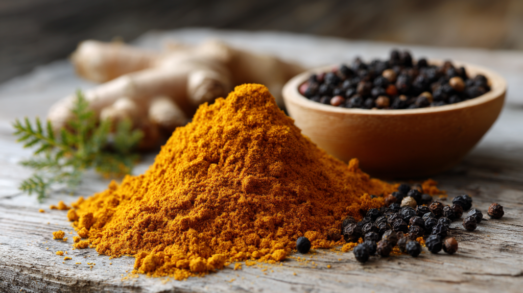 Gros plan sur de la poudre de curcuma et quelques grains de poivre noir sur une surface en bois clair