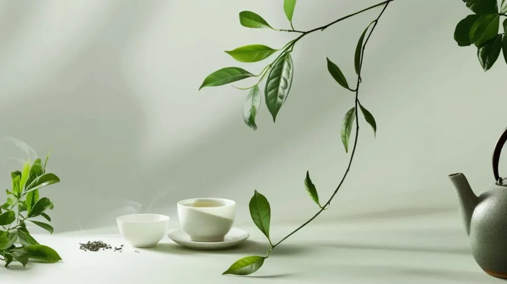 Tasse de thé au milieu des branches de thé vert