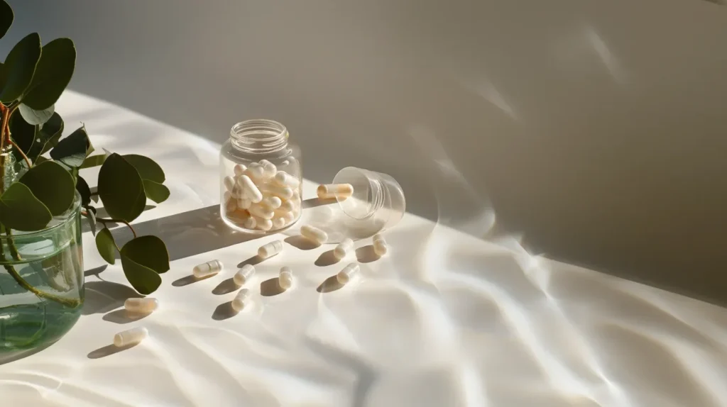 Un bocal rempli de capsules de vitamine posé sur un tissu en soie blanc