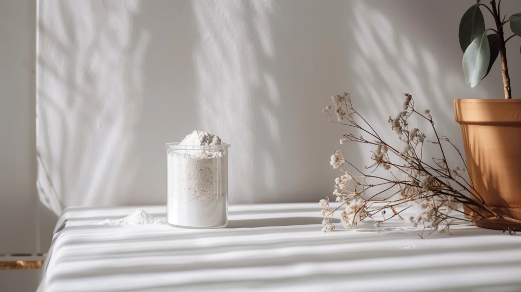 Bocal rempli de poudre de L-Glutamine sur une table