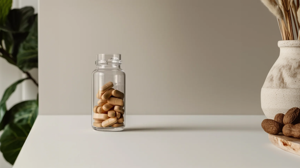 Bocal rempli de capsules de magnésium sur un fond beige