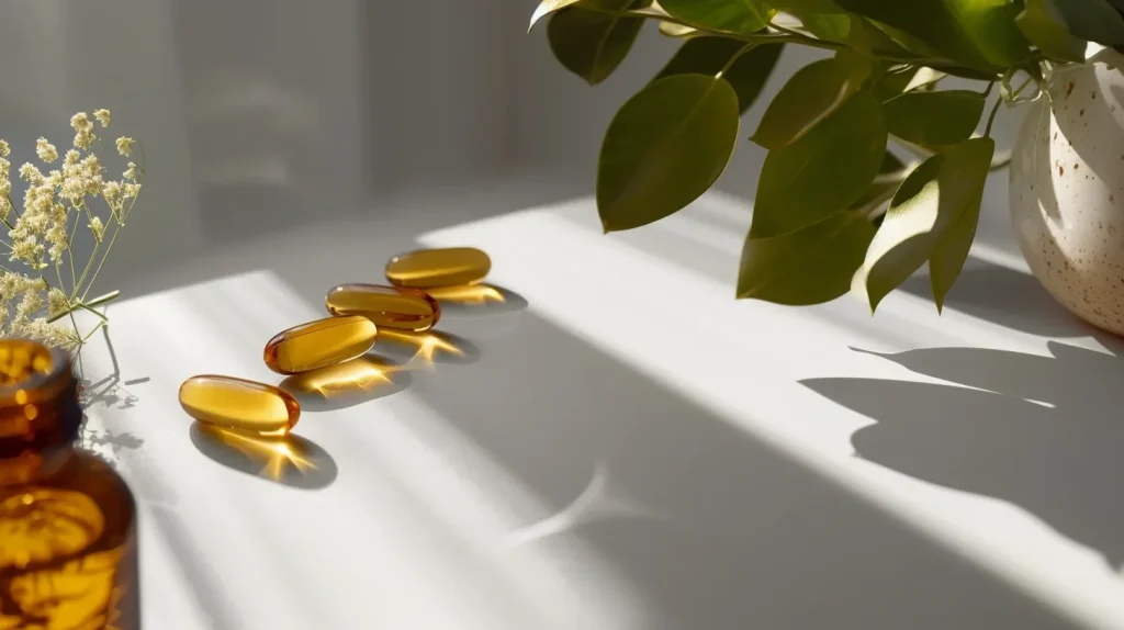 Capsules d'huiles de poisson posée sur une table exposée au soleil