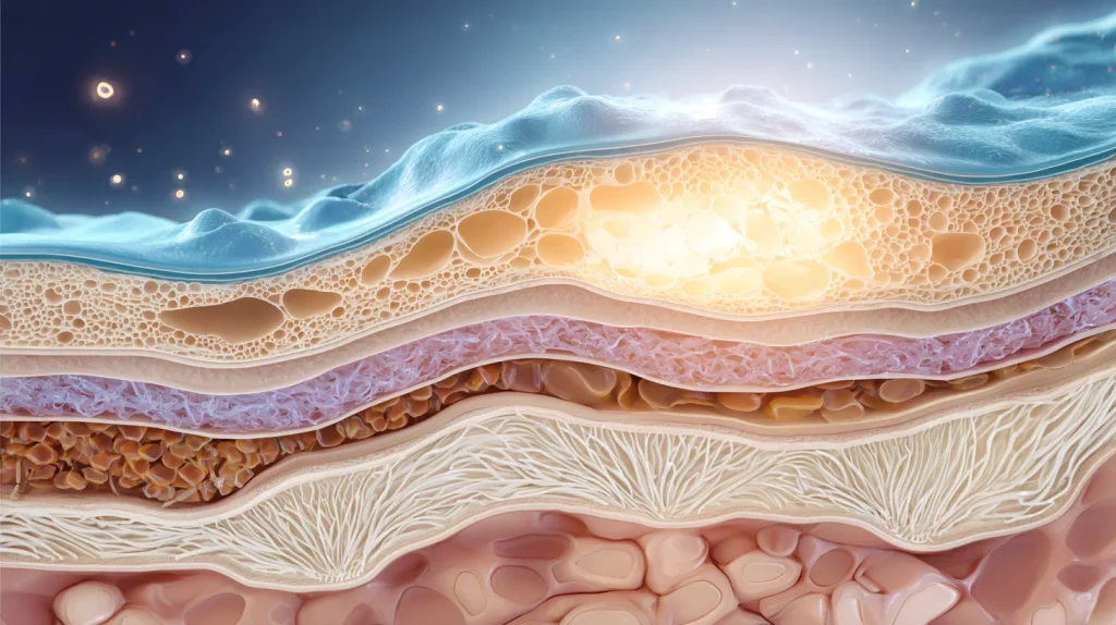 Illustration scientifique en coupe transversale des couches de la peau humaine : épiderme, derme et hypoderme clairement visibles. 