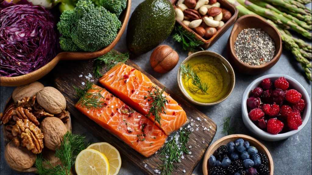 produits anti-inflammatoires (légumes colorés, poissons gras, noix, baies, huile d'olive) 