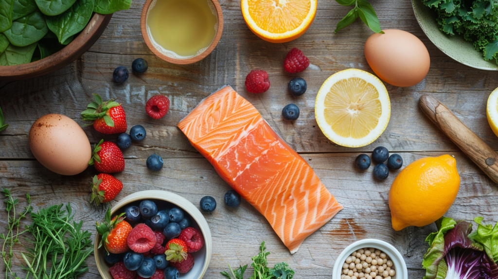 Aliments riches en nutriments favorisant la production de collagène : saumon frais et poisson blanc, œufs bio, agrumes (oranges et citrons), fruits rouges (fraises, myrtilles, framboises), bouillon d'os dans un bol rustique, légumes verts frais (épinards et chou kale)