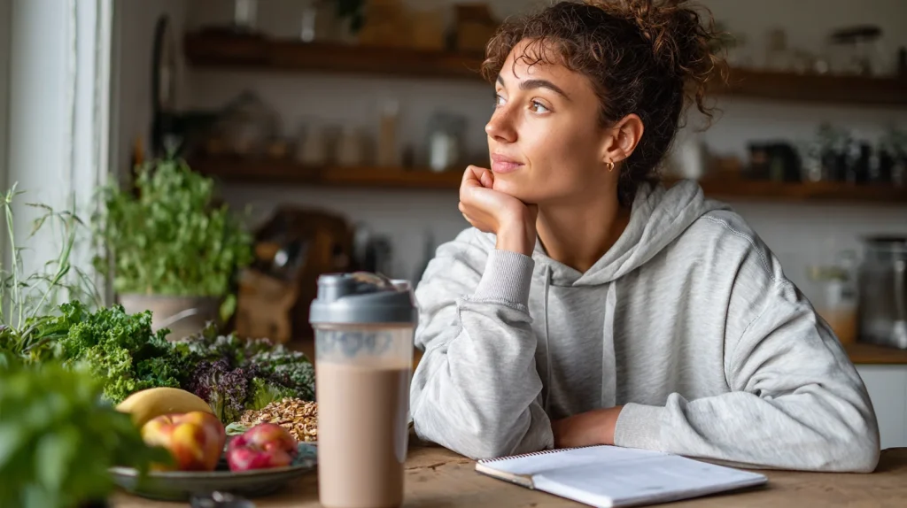 Jeune femme athlétique, pensive, assise à une table de cuisine propre, le regard posé sur un shaker à protéines et un repas équilibré d'un côté, et des aliments frais et entiers de l'autre.