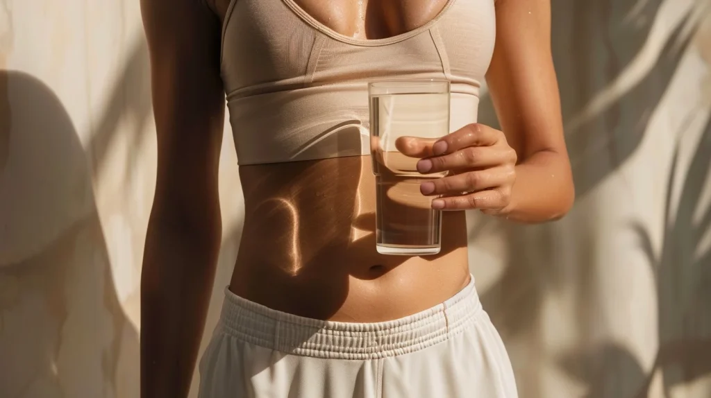Une jeune femme en tenue de sport douce et neutre tient un grand verre d'eau