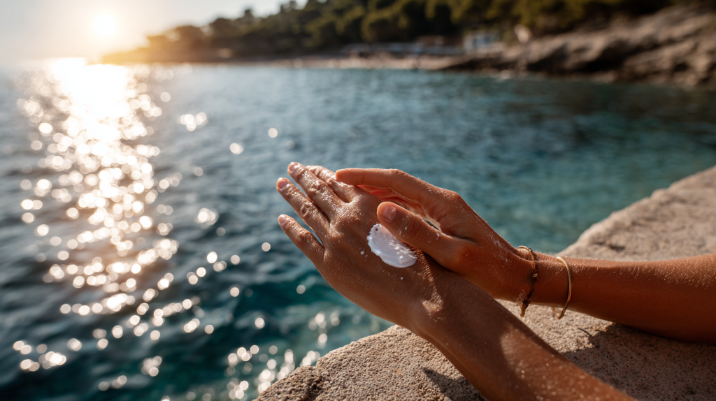 personne appliquant une crème solaire au bord de l'eau
