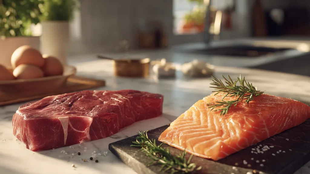Un steak de viande rouge fraîche et un filet de saumon disposés sur un plan de travail de cuisine moderne.