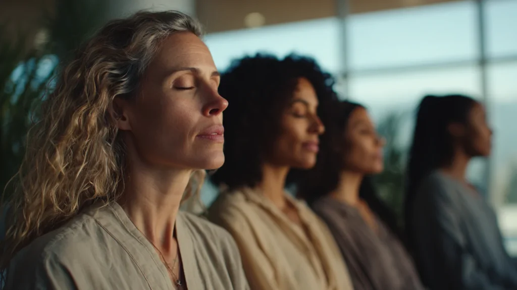 Groupe de femmes qui ferment les yeux, symbolisant le bien etre