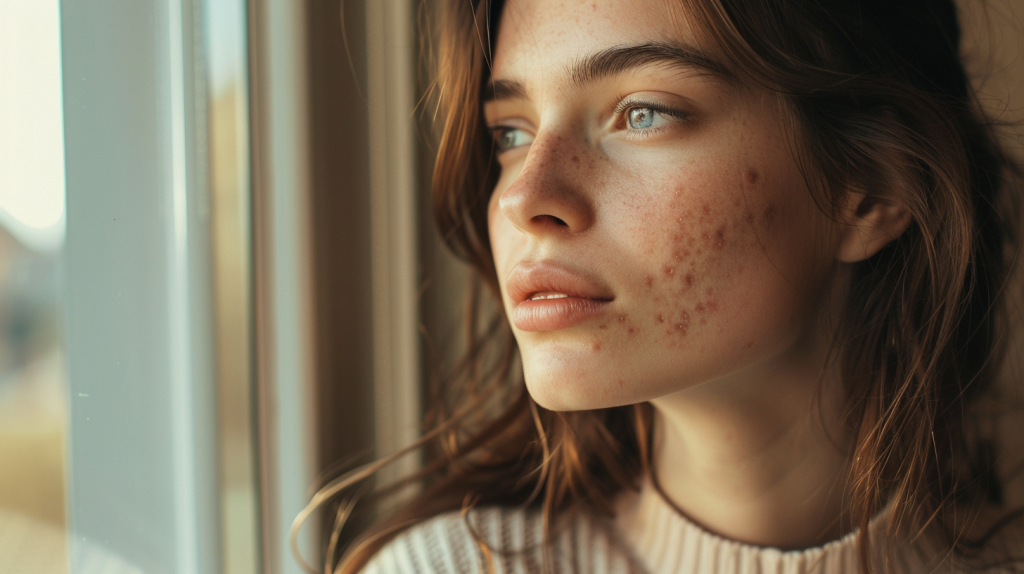 Femme regardant à la fenetre et présentant des marques d'acné hormonal