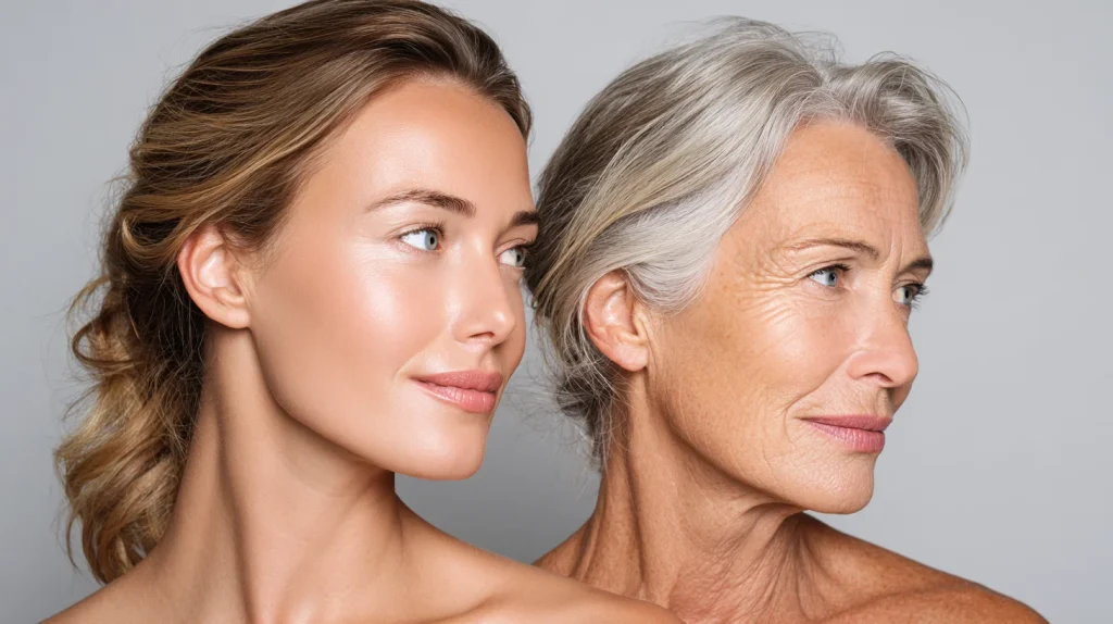 Comparaison côte à côte de deux femmes, même pose, même éclairage. L'une, âgée d'une vingtaine d'années, arbore une peau jeune et éclatante, un grain de peau lisse, un visage ferme et une beauté naturelle. L'autre, âgée d'une cinquantaine d'années, présente une peau mature avec des signes naturels de vieillissement : ridules, légère perte de fermeté, grain de peau réaliste. 