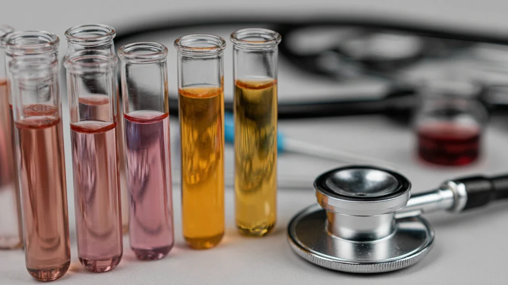 Plusieurs éprouvettes posées sur une table avec un stéthoscope 