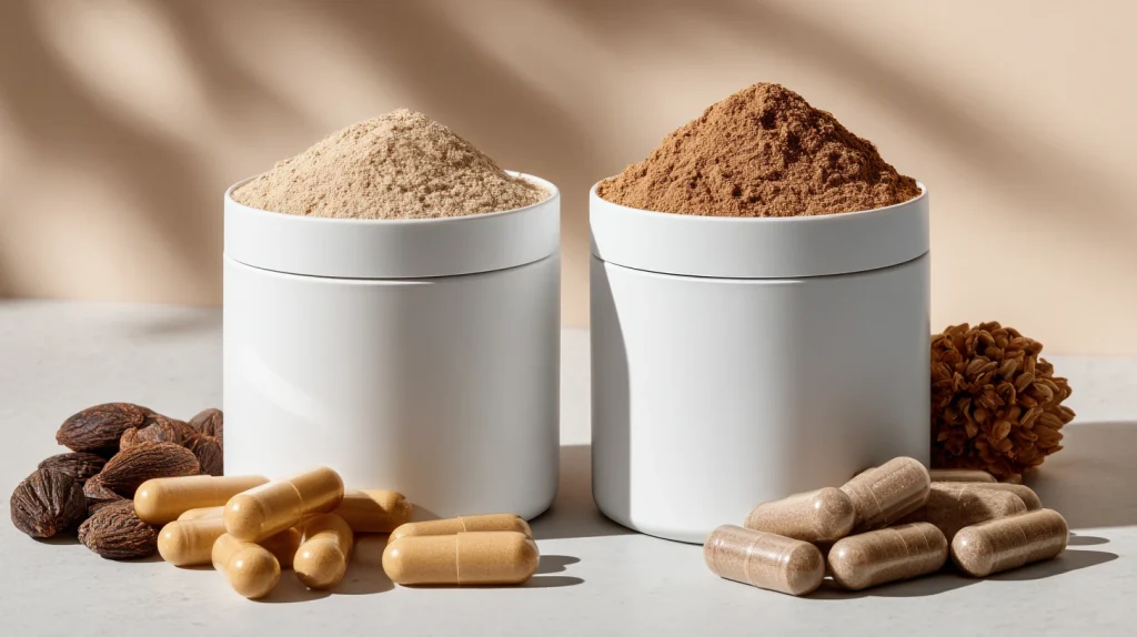 Deux contenants de compléments côte à côte, l'un avec stimulants, l'autre sans