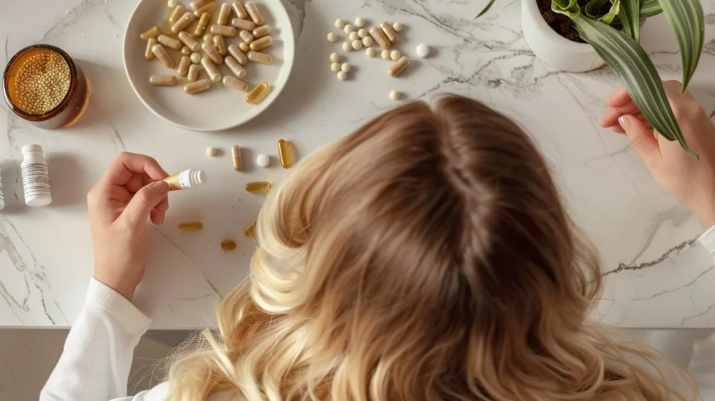 Une femme examine différents compléments capillaires sur une table propre.