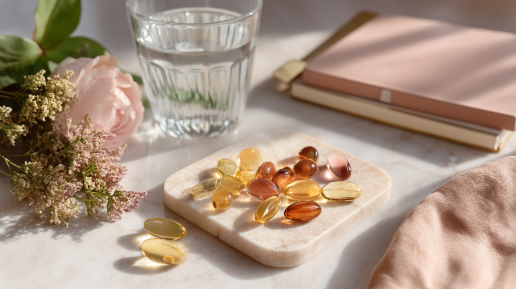 Un pla rapproché sur une table avec au centre une dizaine de capsules de compléments alimentaires différents