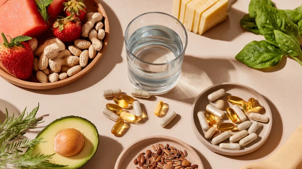 Les indispensables pour avec des cheveux en bonne santé : bons nutriments, capsules de compléments, un verre d'eau