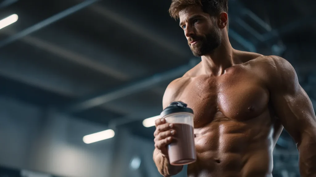 Un athlète musclé se préparant pour l'entraînement en tenant un shaker de BCAA dans la main 