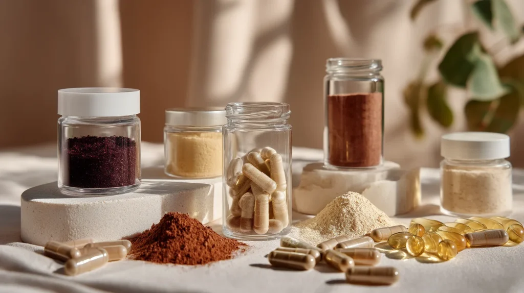 Plusieurs bocaux posés sur une table et qui contiennent les compléments alimentaires favorables à la bonne santé des cheveux