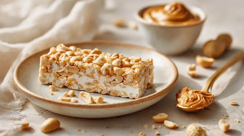 Barre protéinée maison goût fromage blanc et beurre de cacahuète dans une assiette