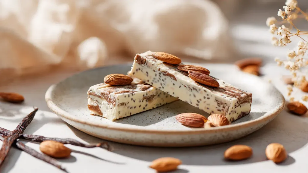 Barre protéinée maison goût vanille et amandes dans une assiette