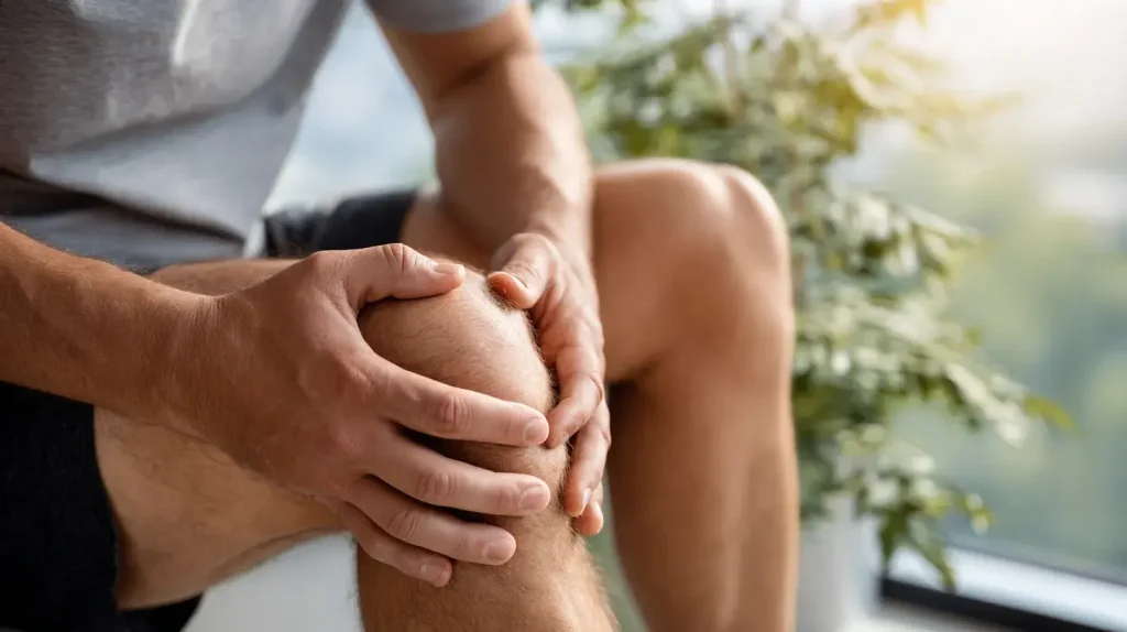 un homme soigne sont genoux grâce à la Bromélaïne anti-inflammatoire