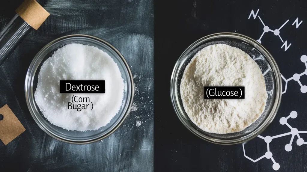 Comparaison en laboratoire entre la dextrose en poudre et le glucose pour comprendre leur structure moléculaire.