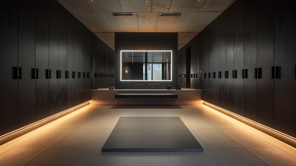 Vestiaires de fitness modernes avec shaker de protéines et dextrose prêt pour la collation post-entraînement.