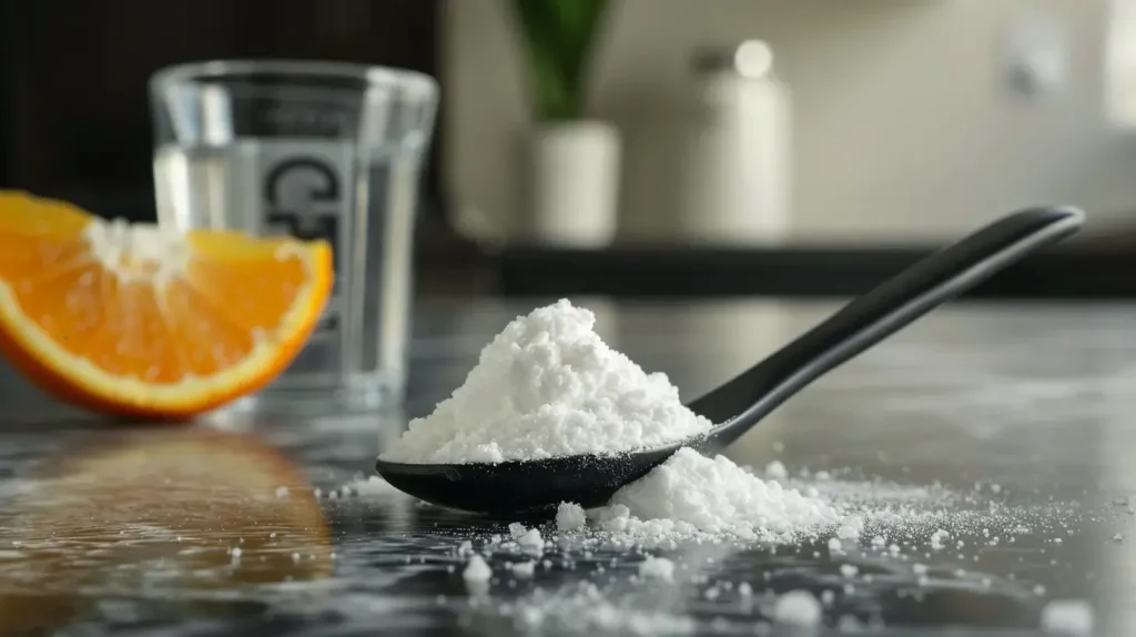Poudre de dextrose blanche pure dans une cuillère, un glucide à index glycémique élevé pour la récupération sportive.