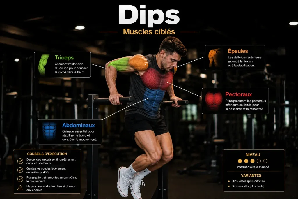 Infographie montrant les muscles ciblés par les dips, notamment les triceps, les pectoraux, les épaules et les abdominaux.