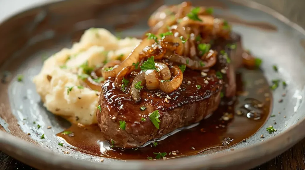 Tranche de foie de veau poêlée aux oignons, un aliment riche en fer hautement assimilable.