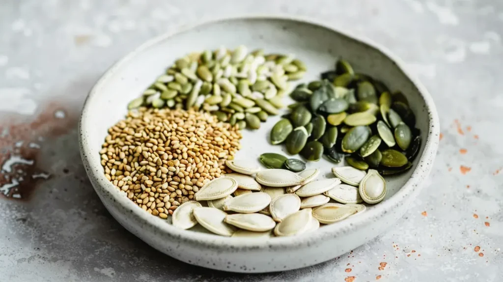 Assiette de graines de courge, de sésame et de chanvre, des aliments riches en fer et magnésium