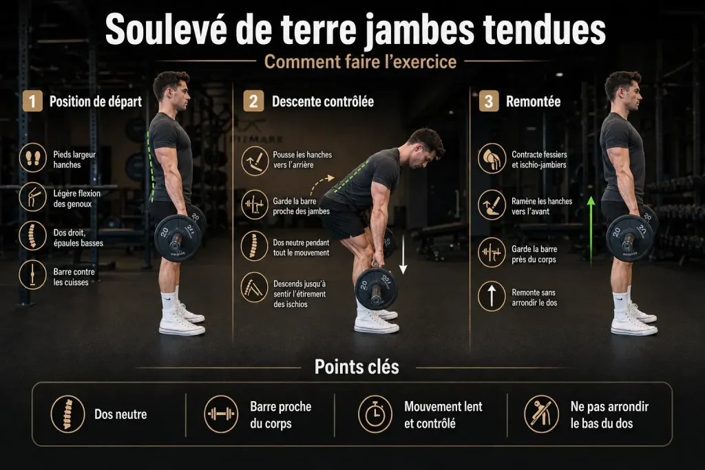 Guide visuel expliquant comment faire un soulevé de terre jambe tendu correctement.