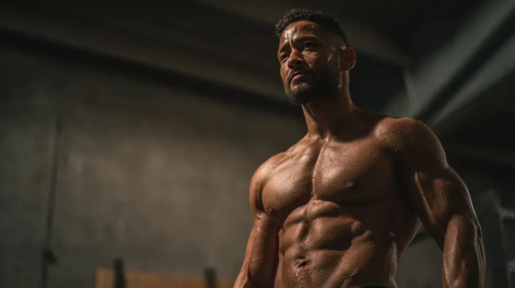 Homme sec et musclé tenant une barre de céréales sans sucre dans un style sportif et sain
