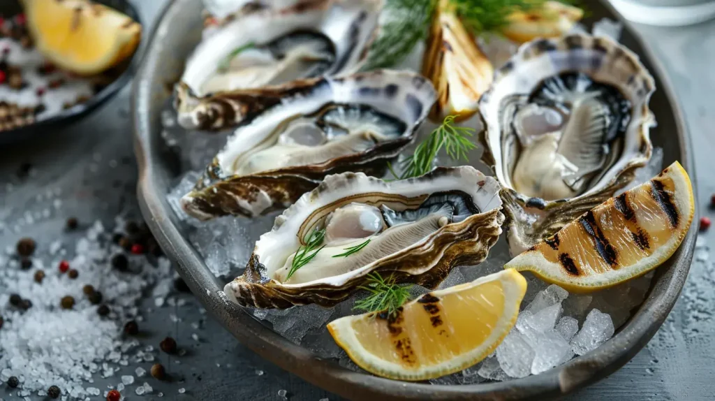 Assiette de fruits de mer avec huîtres fraîches, palourdes et sardines grillées, des aliments riches en fer marins.