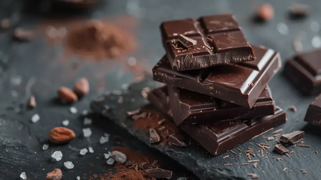 Carrés de chocolat noir intense avec éclats de sel, un aliment riche en fer plaisir.