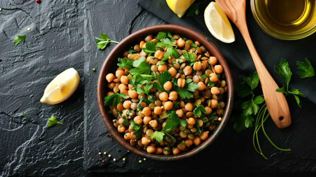 Salade de lentilles et pois chiches, des aliments riches en fer d'origine végétale.
