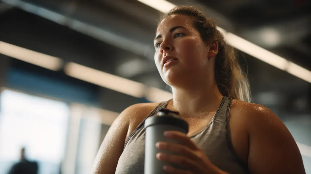 Personne faisant du sport en salle avec un shaker, dans une routine fitness liée à la perte de poids et à la stagnation du poids