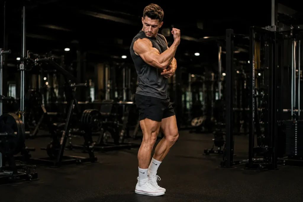 Homme sportif en salle de sport montrant ses triceps développés après un entraînement de dips.