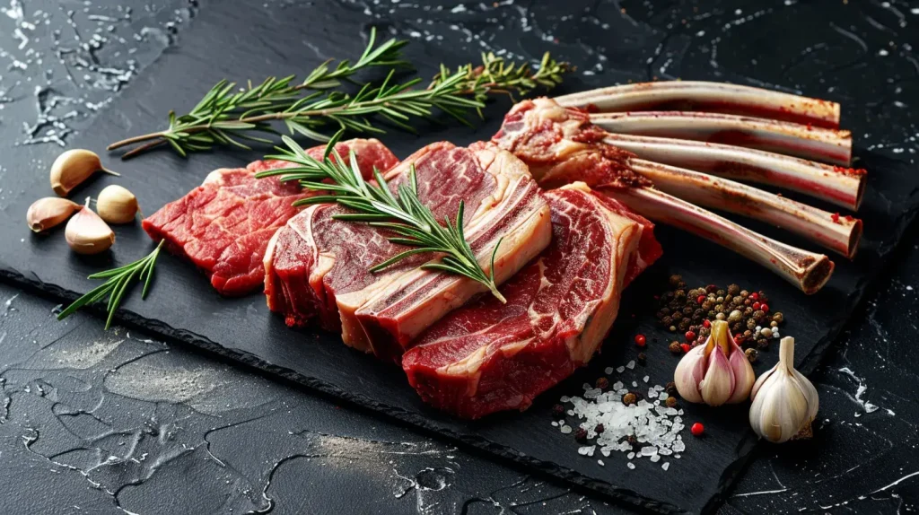 Viande rouge crue de bœuf et d'agneau sur une planche, des aliments riches en fer héminique.