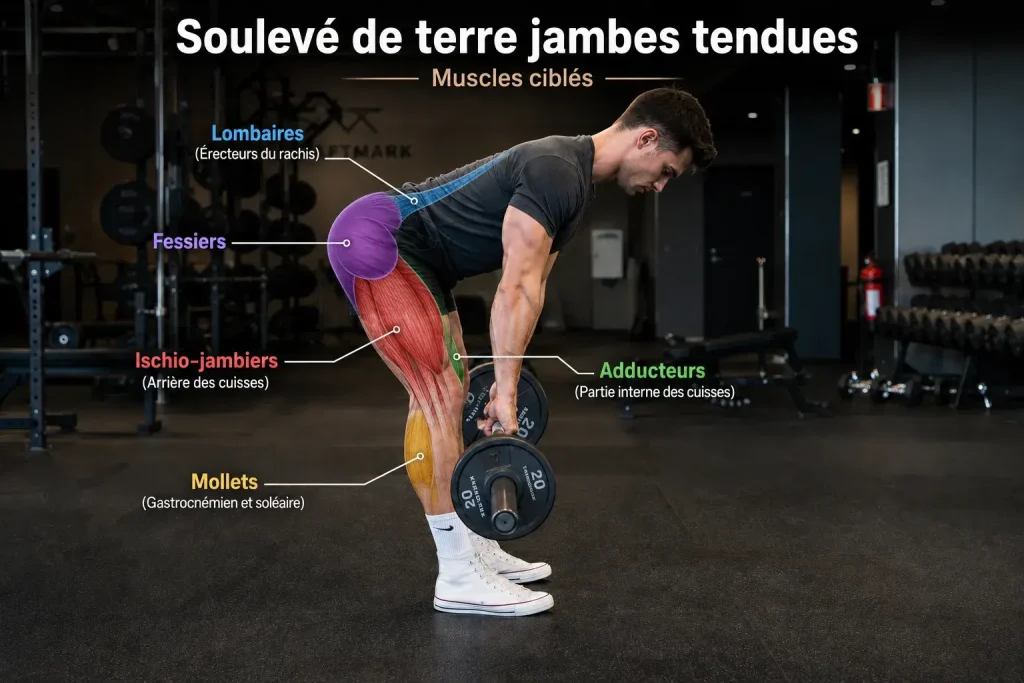 Infographie montrant les muscles ciblés par le soulevé de terre jambe tendu.