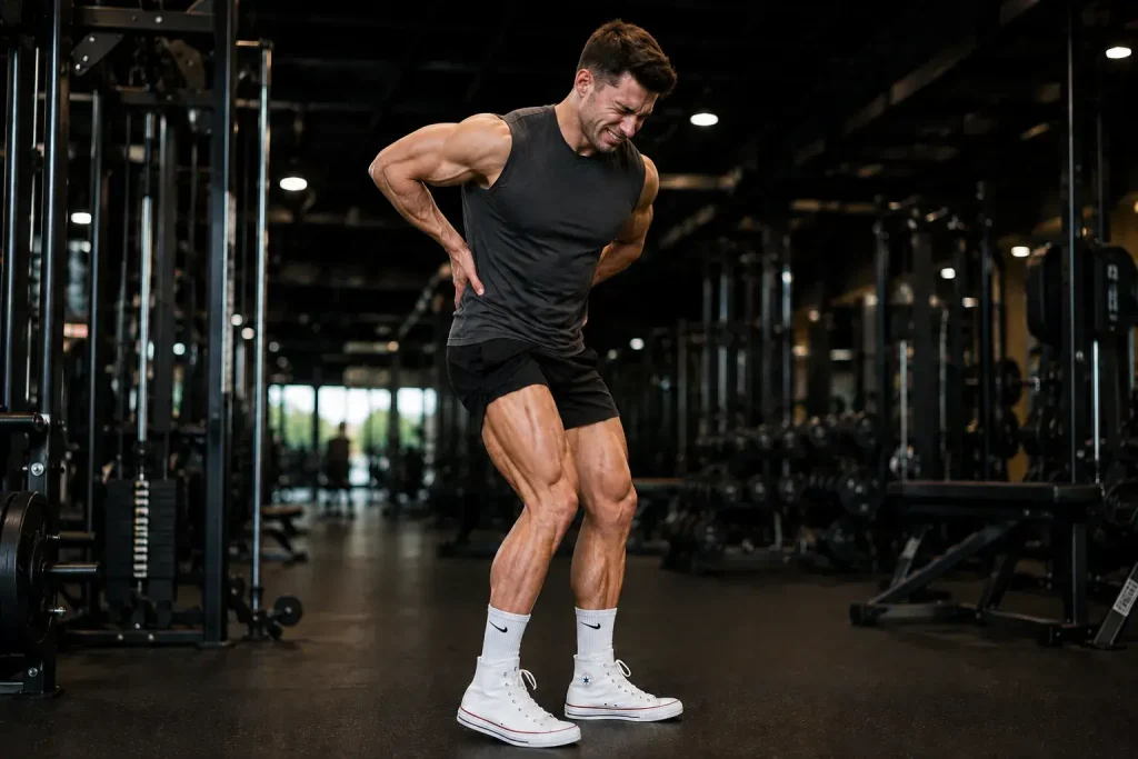 Homme en salle de sport ayant mal au dos après un soulevé de terre jambe tendu mal exécuté.